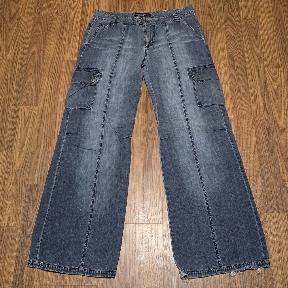VTG American Eagle Y2K Baggy Cargo Jeans Size 10 Wide Leg Carpenter Utility E78